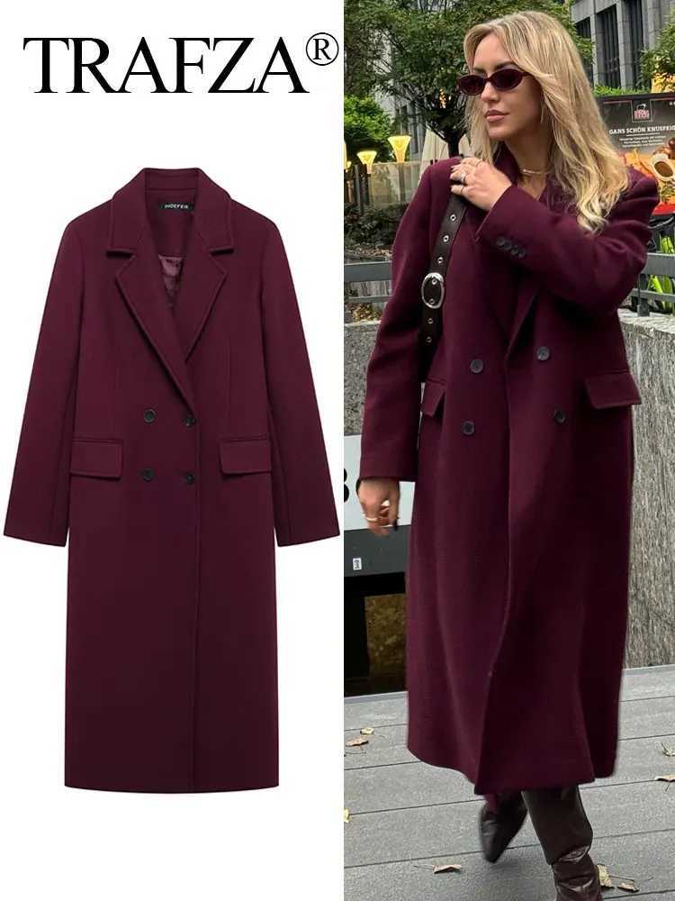 TRAFZA Women Fashion Burgundy Woolen Coat Double Breasted Long Sleeve Lapel Blends Jacket Autumn Winter High Street Outerwear Z250813