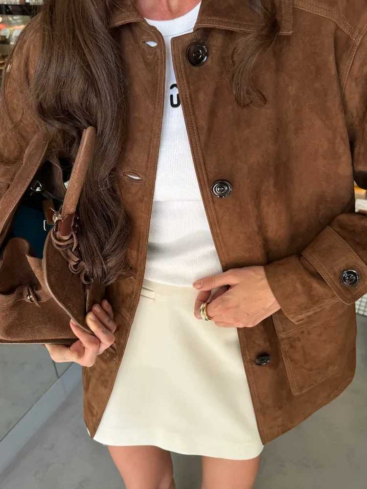 Trendy Brown Suede Jacket Women Vintage Loose Fit Autumn Coat 2025 Fall Single Breasted Lapel Casual Long Sleeve Lady Outerwear Z250813