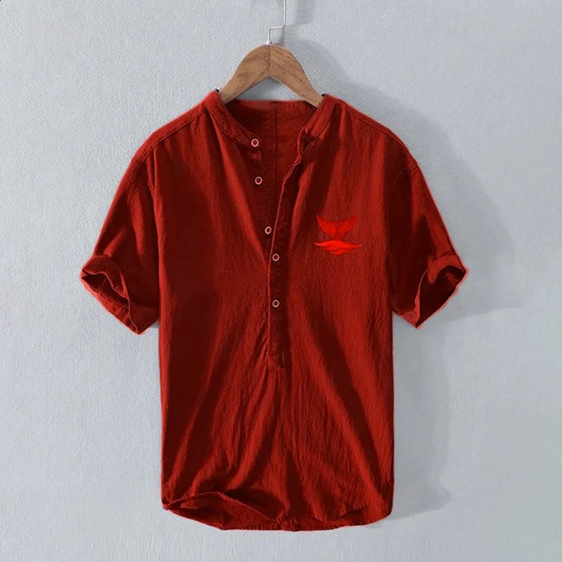 Mens Japanese Art Linen Blend Fashion Shirt Loose VNeck Button Short Sleeve Printed Top Camisas Acogedoras Ropa De Hombre 250808