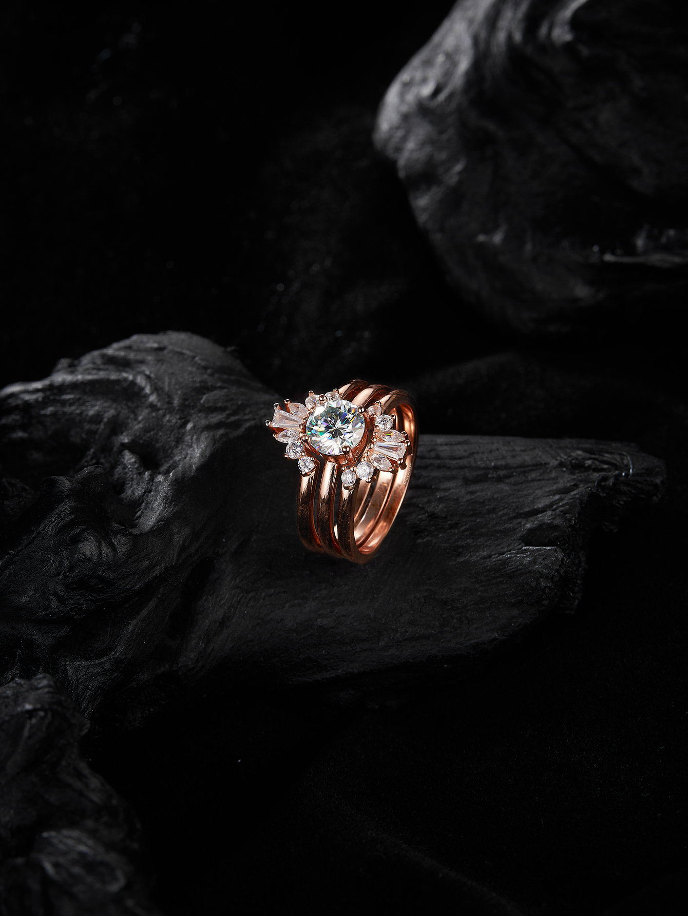 MT 14K Rose Jewelry 1 ct Round Cut Moissanite Engagement Ring Set, 3pcs/set Stackable and Detachable, Vintage Bohemian Elegant Style, Perfect for Wife