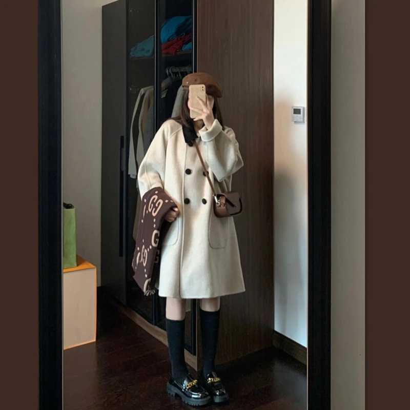 Korean Color Contrast Lapel Double-sided Peacoat Autumn and Winter Woolen Medium Long All-match Wool Coat for Women Z250813