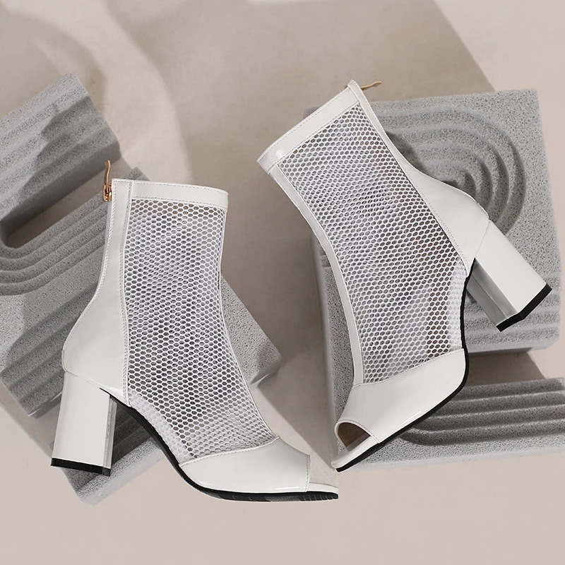 Kcenid Spring Summer Boots Ladies Peep Toe Chunky High Heel Shoes Zipper Fashion Mesh Comfortable Ankle Boots Plus Size 43 250812