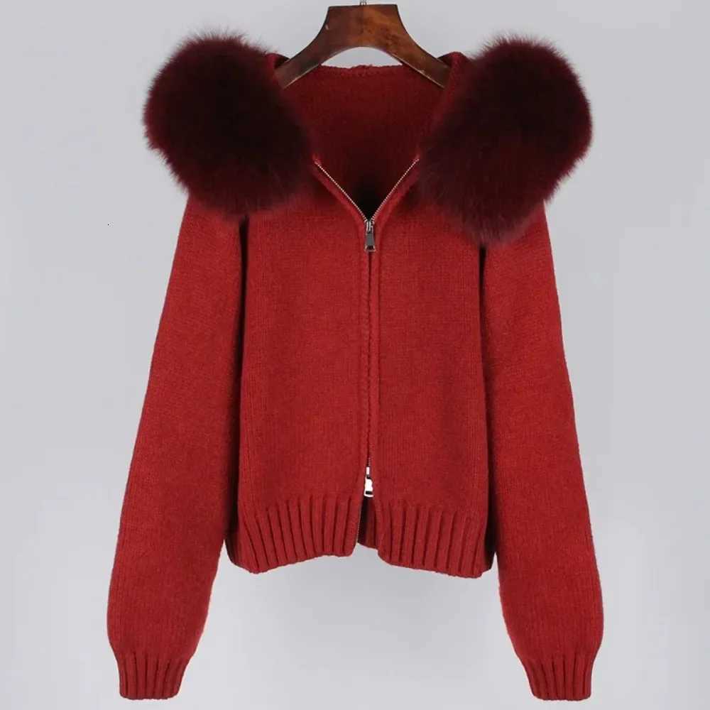 2024 Fashion Autumn Winter Casual Hooded Real Fur Collar Fashion Short Knitted Jacket with Natural Fur Coat for Women Z250813