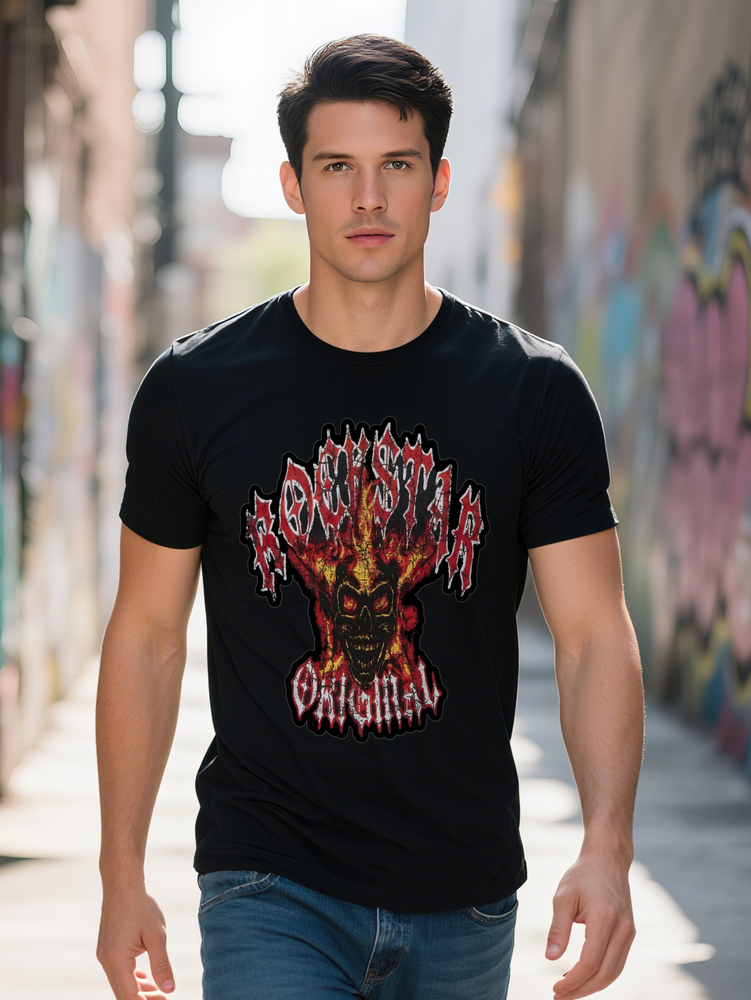 Men S Crew Neck T-Shirt with Flames Design ROCKSTAR Graphic Black Soft Stretch Fabric Perfect Summer Ideal Gift 8c7d6