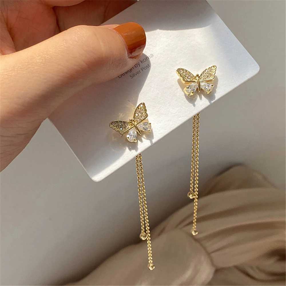 Delicate Gold Color Butterfly Zircon Tassel Earrings Fashion Women Party Jewelry Summer Trend Accessories Valentines Day Gifts Y250812