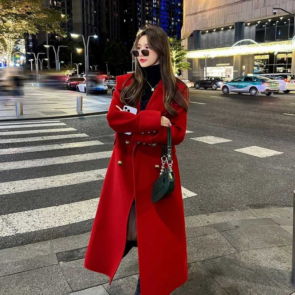 2024 Autumn Winter Female Medium Long Styles Outerwear Korean Ladies Long Sleeves Woolen Top Women Solid Color Wool Blend Jacket Z250813