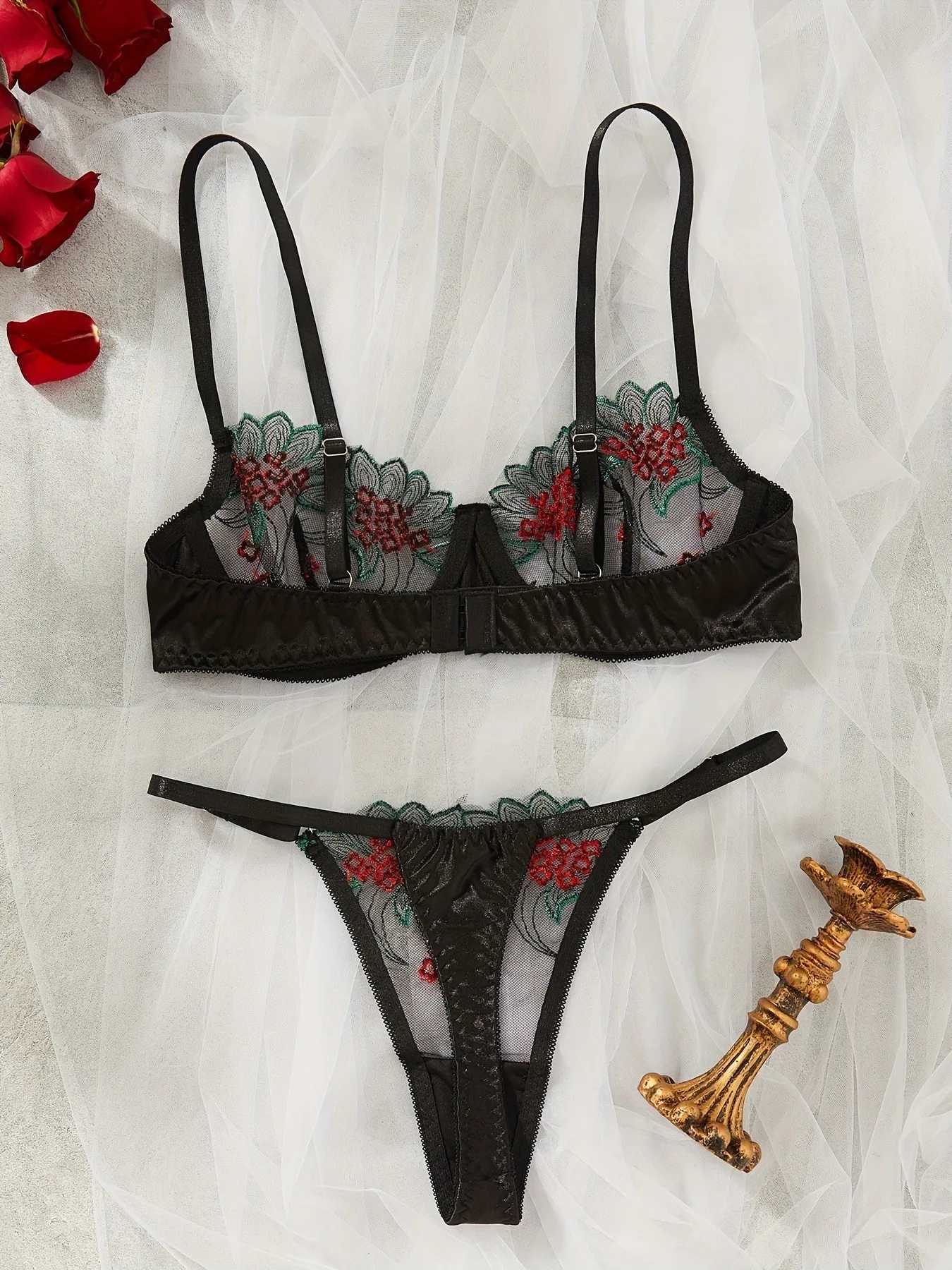 Hot-Selling 2-Piece Floral Embroidery Sexy Bra Set Mesh Underwire Sheer Lingerie Set Perfect for Dates Parties GatheringsXJ250812