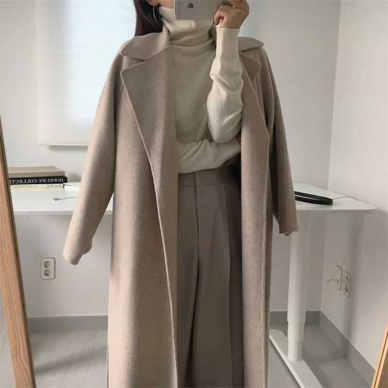 2025 Autumn Winter New Korean Womens Long Oversize Casual Woolen Coat with Chic Thick Warm Lapel Lace-up Pockets Z250813