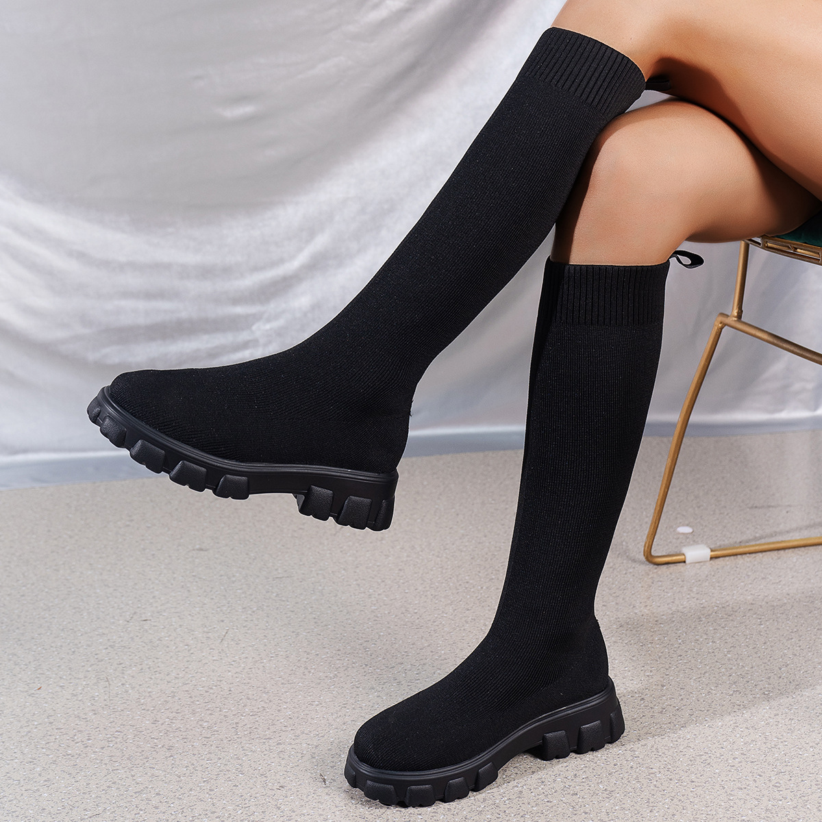 Free Shipping Designer New Plus Sizes 36-43 Knitted MidCalf Sock Boots Women 2025s Fall Winter Hot Style Round Toe Chunky Heel Martin Boots Military G
