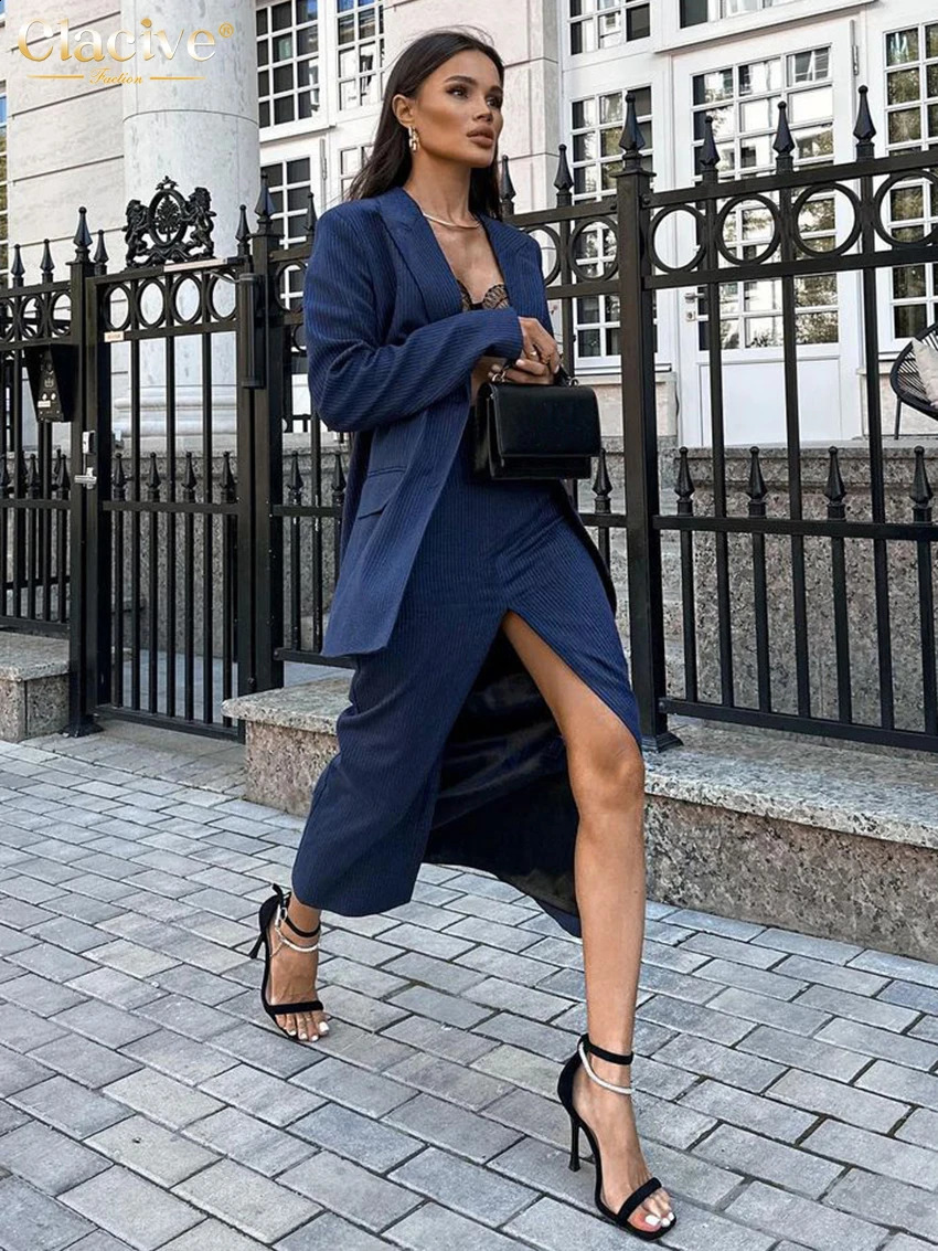 Clacive Fashion Loose Blue Stripe Womens Two Pieces Set Elegant Long Sleeve Blazer With High Waist Slit Long Skirt Set 250812