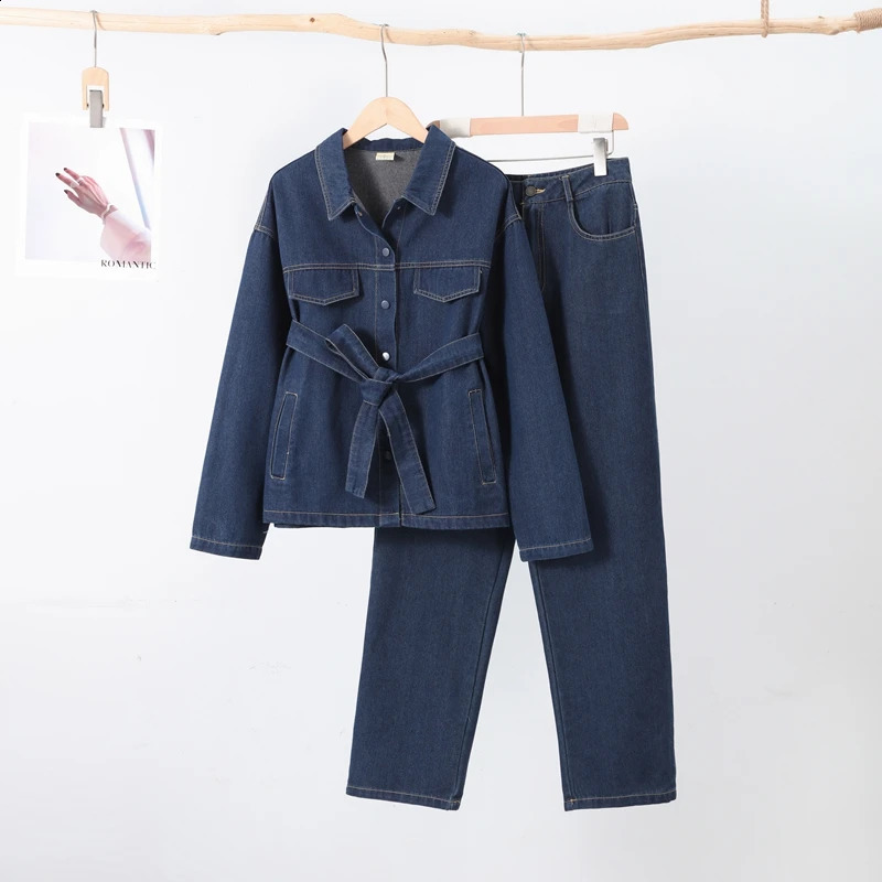 Denim Jacket Pants Two piece Set Women With Belt Single Breasted Lace Up Lapel Coat Straight Jeans Vacation Outfits Women 250806