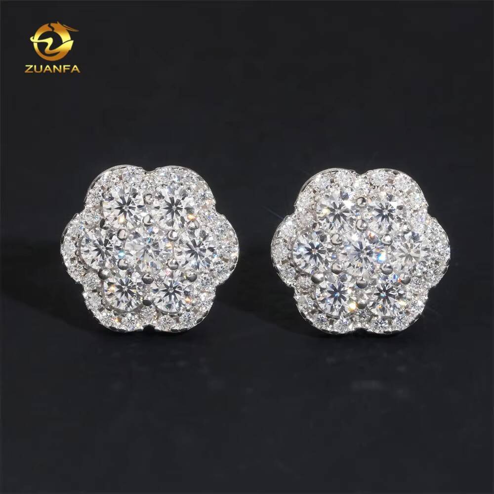 High-Quality Low-Price Hip-Hop Style Iced 925 Silver Flower Cluster Men's Sandstone Earrings