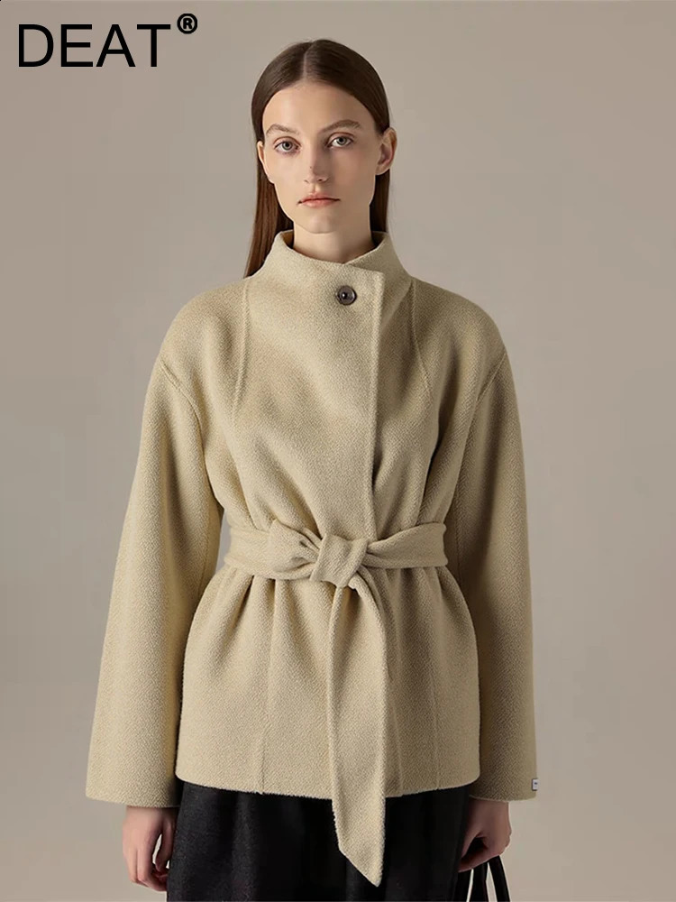 DEAT Fashion Ginger Color Double Side Short Woolen Coat Womens Turtleneck Loose Single Button Sashes Blends Coats Winter 250805
