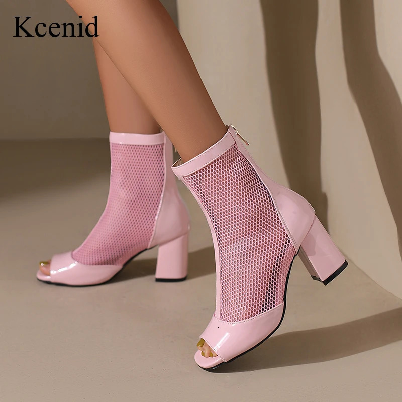 Kcenid Spring Summer Boots Ladies Peep Toe Chunky High Heel Shoes Zipper Fashion Mesh Comfortable Ankle Boots Plus Size 43 250812