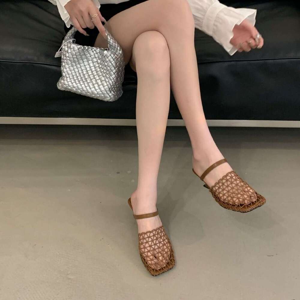 2025 Summer Fashion Casual Women's Breathable Black Woven Hollow Square Toe French Style Niche Designer shoe Wedge Slippers