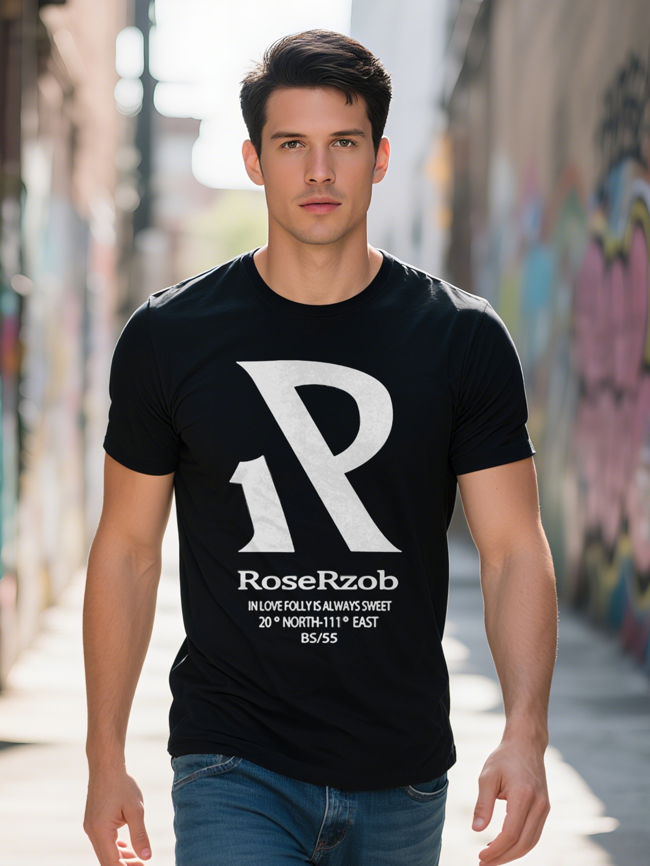 Men s Casual Crew Neck T Shirt with Fun D Print Design Black Graphic Tee Featuring R Rosezr Text Perfect Summer