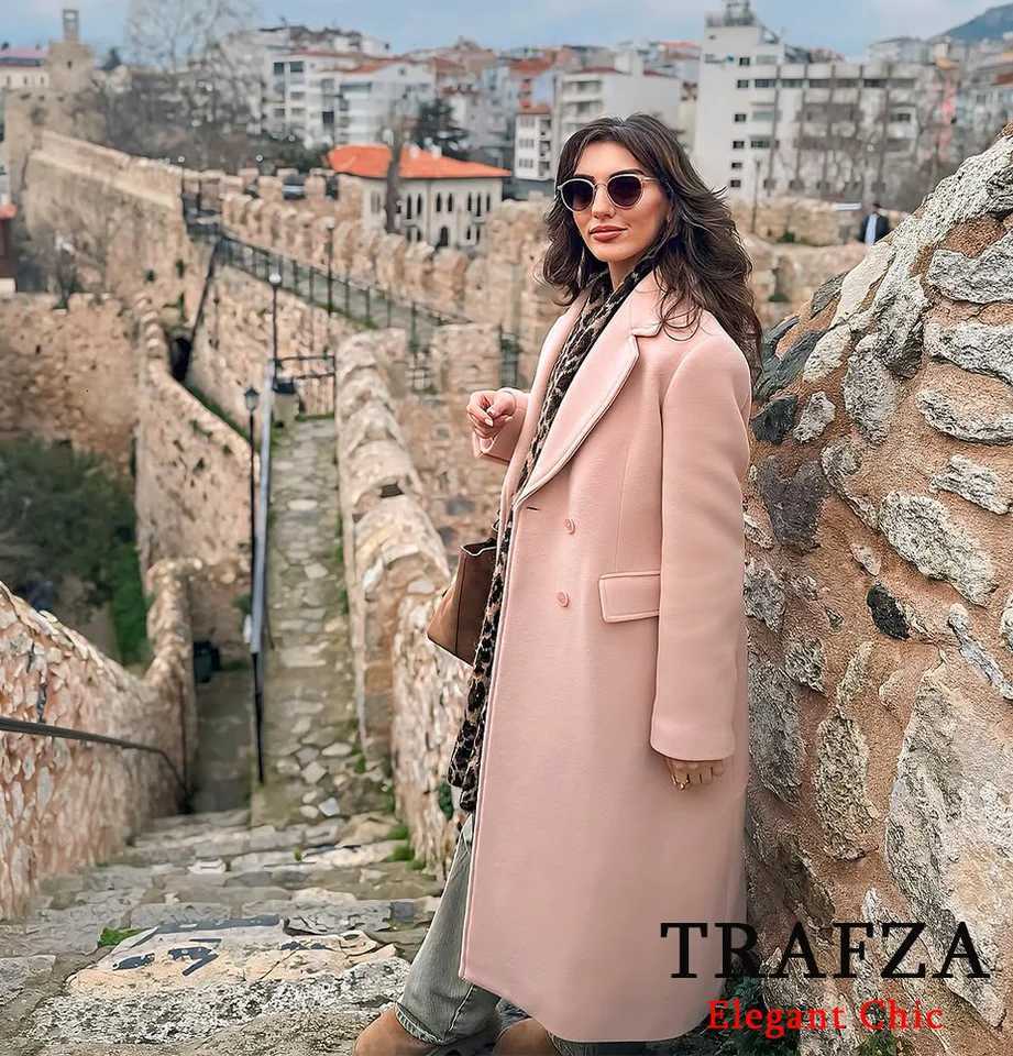 TRAFZA-Women Elegant Long Coat Pink Blended Lapel Buttons Lined Coat New 2025 Fashion Fall Winter Romantic Outwear Beige Coat Z250813