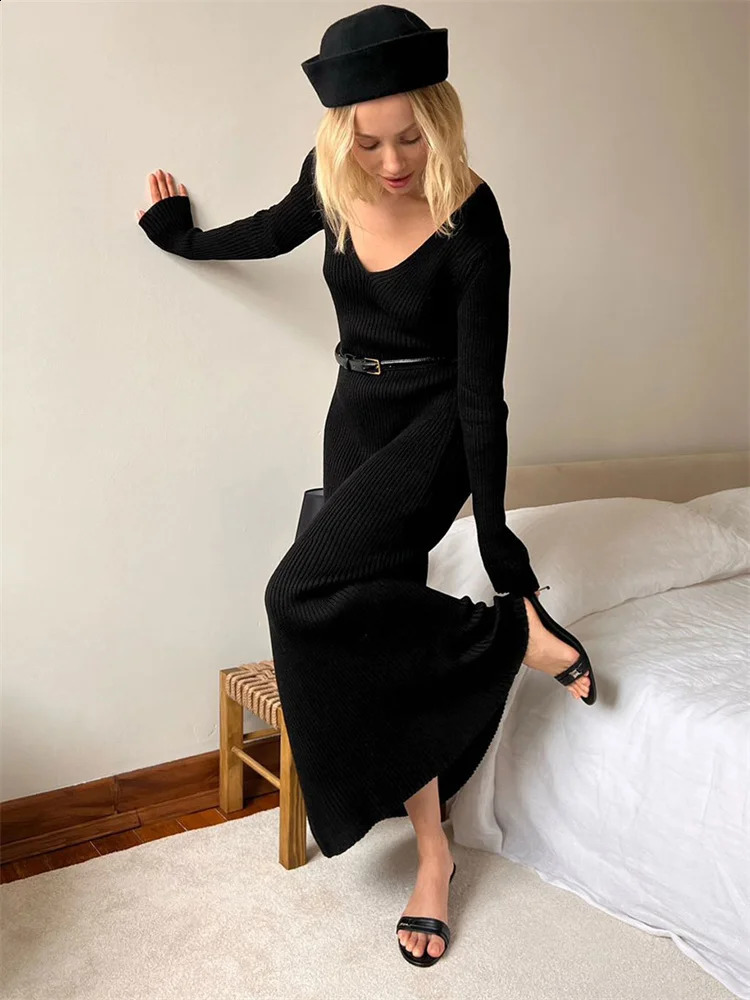Tossy Ribbed Knit Loose Maxi Dress Female V-Neck Patchwork High Waist Casual Party Dress Clothes Womens Knitwear Dress 250805