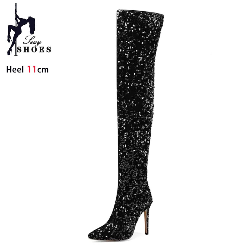 Shoes For Women Shiny Sequin Boots Over-the-Knee Boots Spring Autumn Zip Pointed Toe Zipper Stripper Heels Long Boots 250812