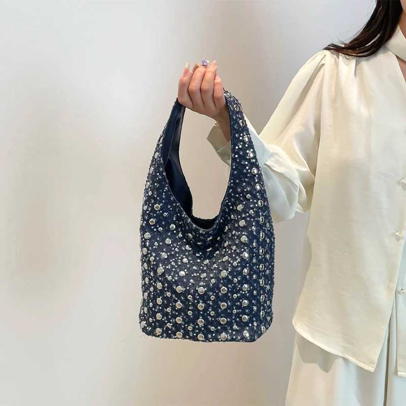 Denim Sequin Underarm Shoulder Bag Vintage Metal Stud Motorcycle Style Handbag Designer Blue Chic Women Bucket Tote Bags Z250813