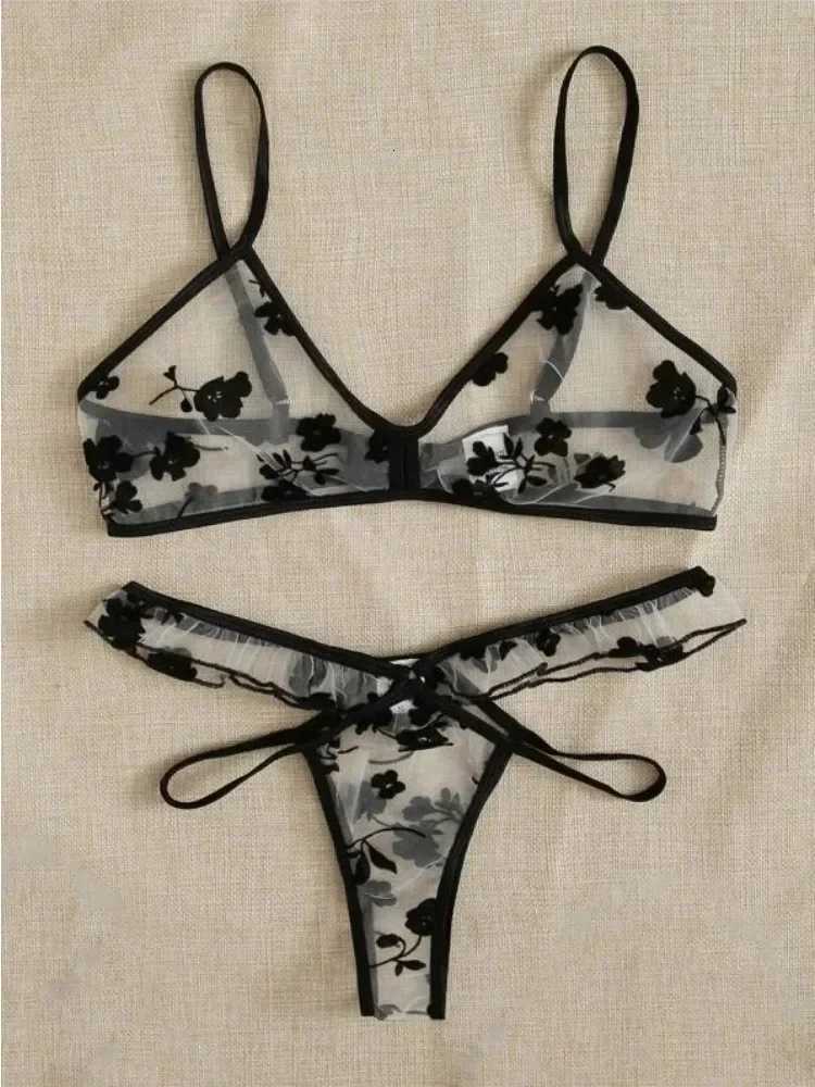 2024 Summer Women Lace Bra Set See-Through Sexy Lingerie Thin Strap Underwear Suit Floral Print Stylish Bralettes XJ250812
