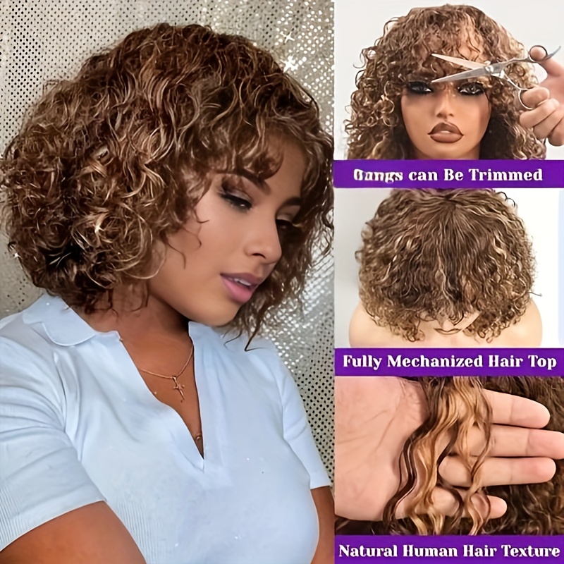Real Super Double Drawn Short Wigs Glueless Ombre Brown Highlight 4/30 Color Curly Bob Human Hair Wigs with Bangs with Bangs Human Hair None Lace Wigs