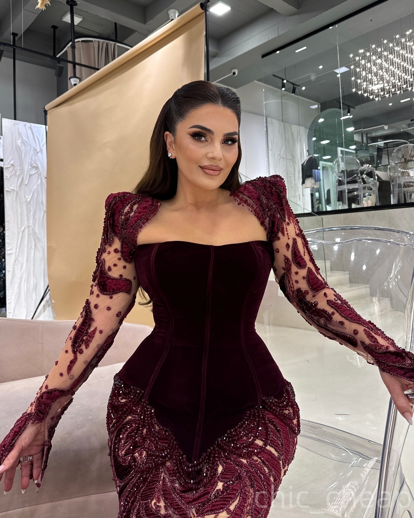 Arabic Mermaid Burgundy Evening Dresses Crystals Beaded Floral Lace Prom Formal Party Second Birthday Engagement Gowns Plus Size Dress For Special Occ