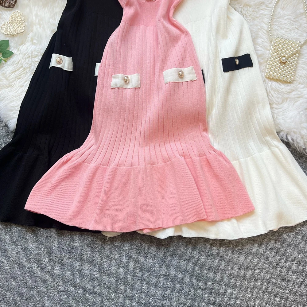 YuooMuoo Chic Fashion Sexy Package Hips Knitted Mini Dress Summer Elegant V-neck Ruffled Party Dress Streetwear Vestidos 250806