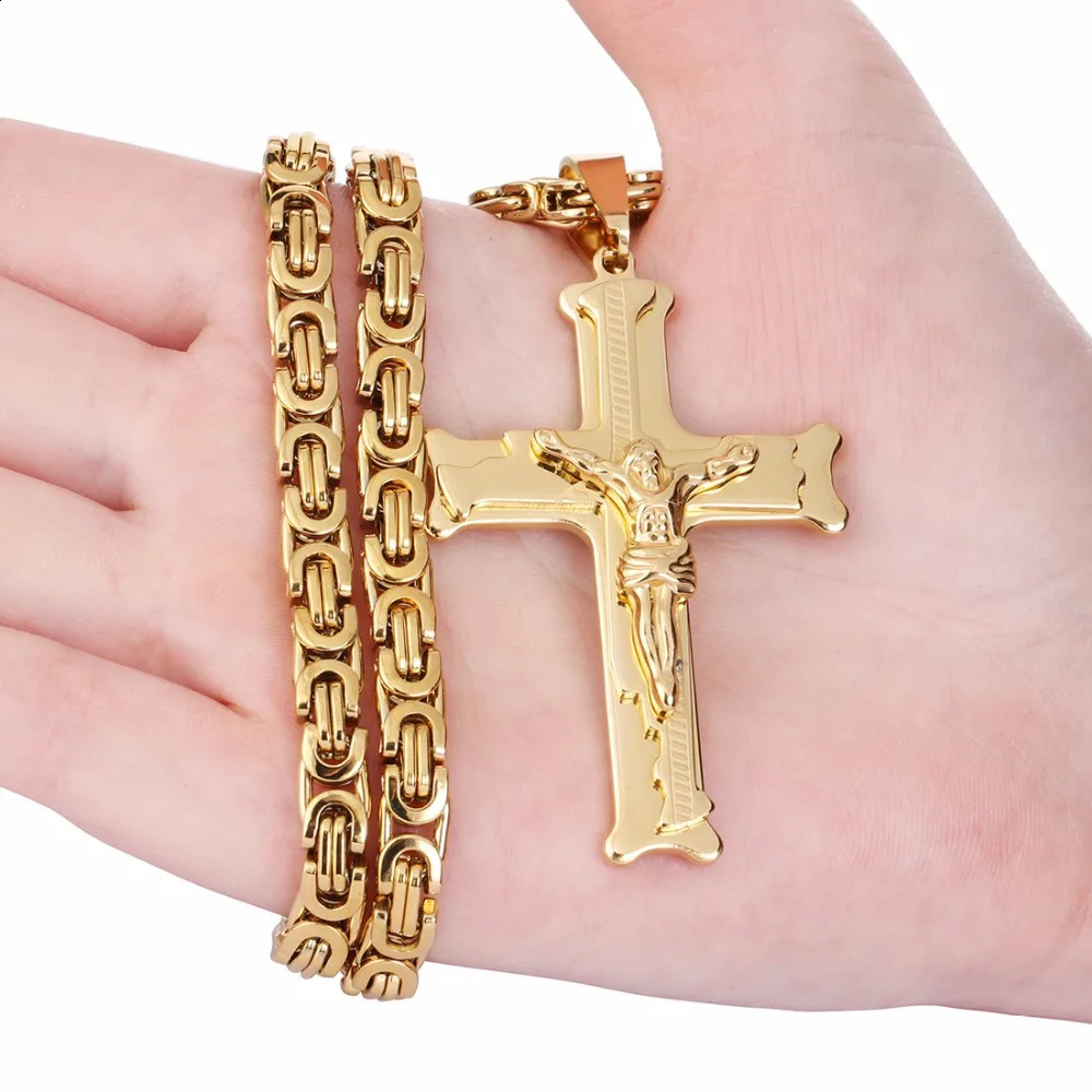 Gold Color Stainless Steel Jesus Cross Pendant Necklace 6mm Link Byzantine Chain Necklace Long Heavy Men Jewelry collares MN68 250807