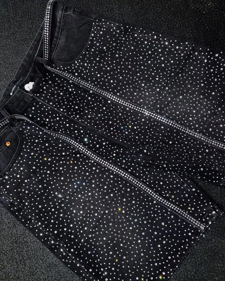 Streetwear Retro Full Diamond Sequin Denim Short Y2K Jeans Hip Hop Solid Color Washed Baggy Shorts Low Waist Over The Knee Pants 250812