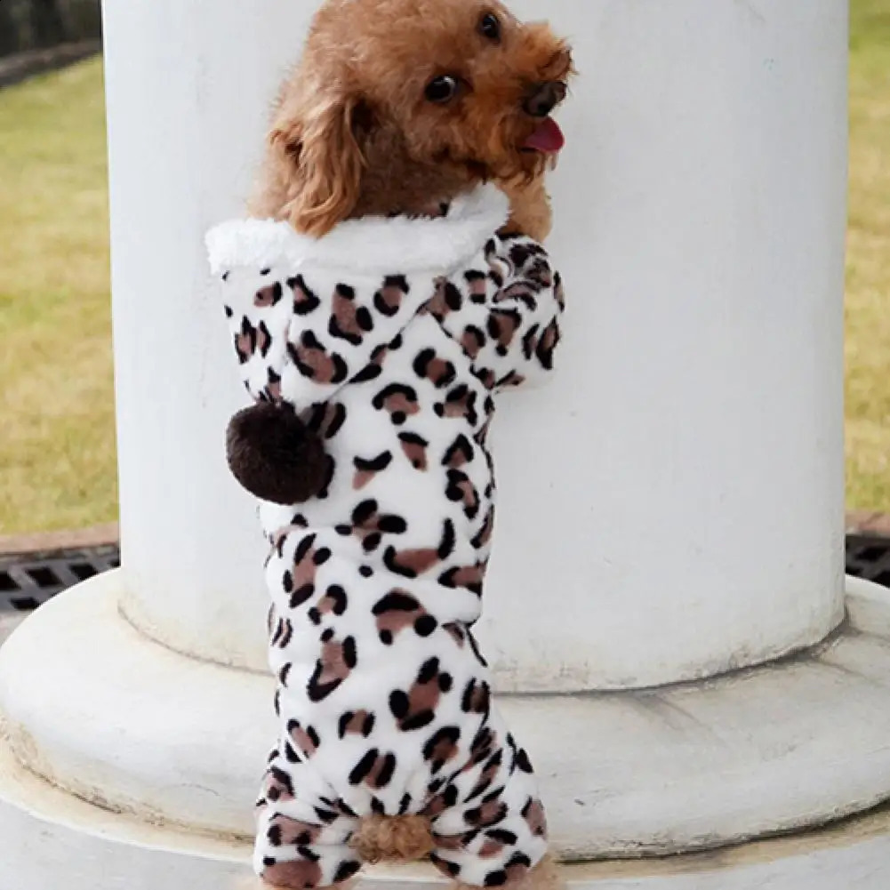 Dog Hoodie Hooded Flannel Winter Warm Leopard Printed Pet Puppy Clothes Jumpsuit Pajamas Outwear for Home 250806