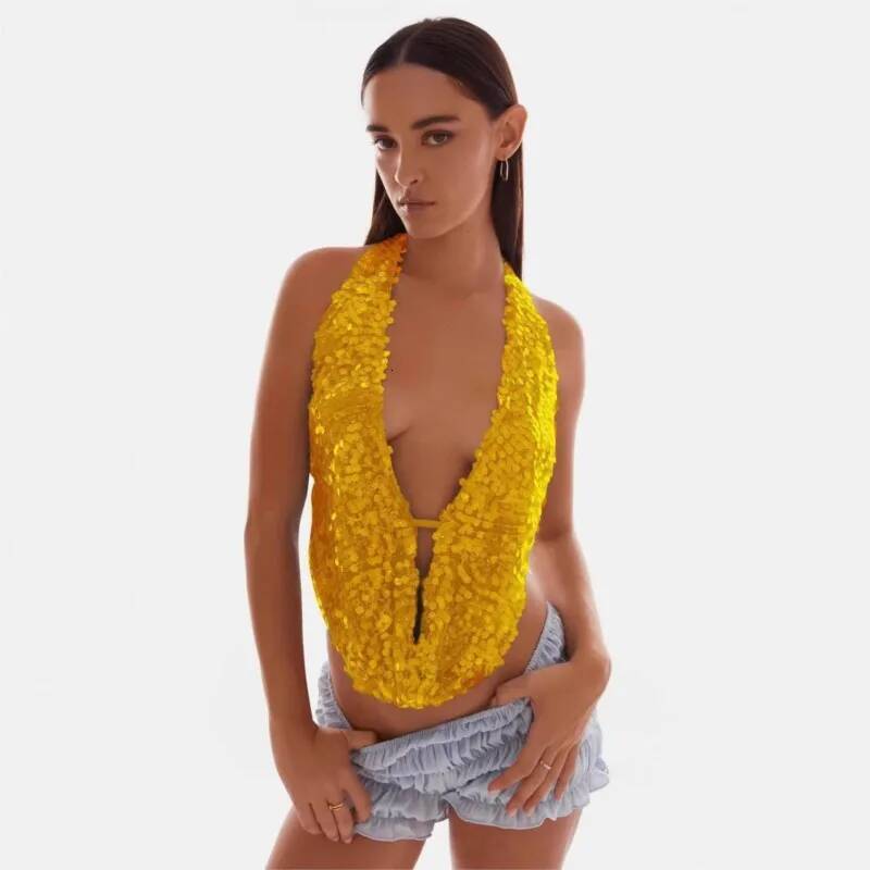 2025 summer new women's design tank top sequined backless tank top, women's sequined sleeveless backless sexy deep V-neck party tank top, su