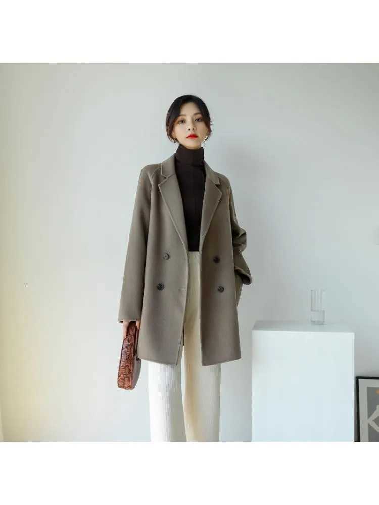 2022 Autumn Korean Style Double Breasted Simple Black 100% Wool Coat Women Long Loose Suit Woolen Overcoat Jacket Z250813