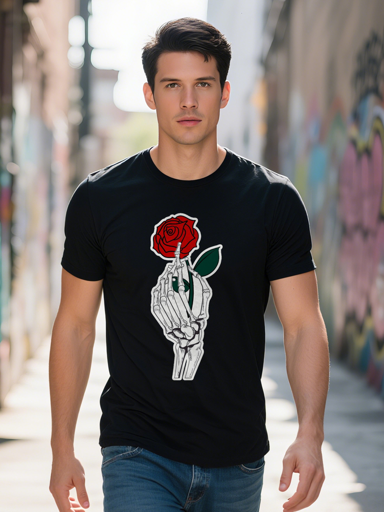 Men's Vintage Inspired Black T-Shirt with Unique Skeleton Rose Graphic Casual Short Sleeve Round Neck Tee