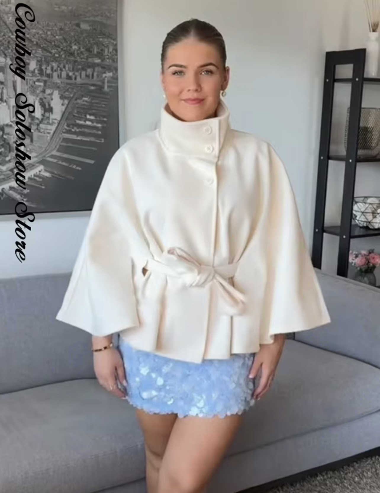 Womens Fashion Casual Loose Stand Collar Bathrobe Style Coat with Belt Short Jacket 250813