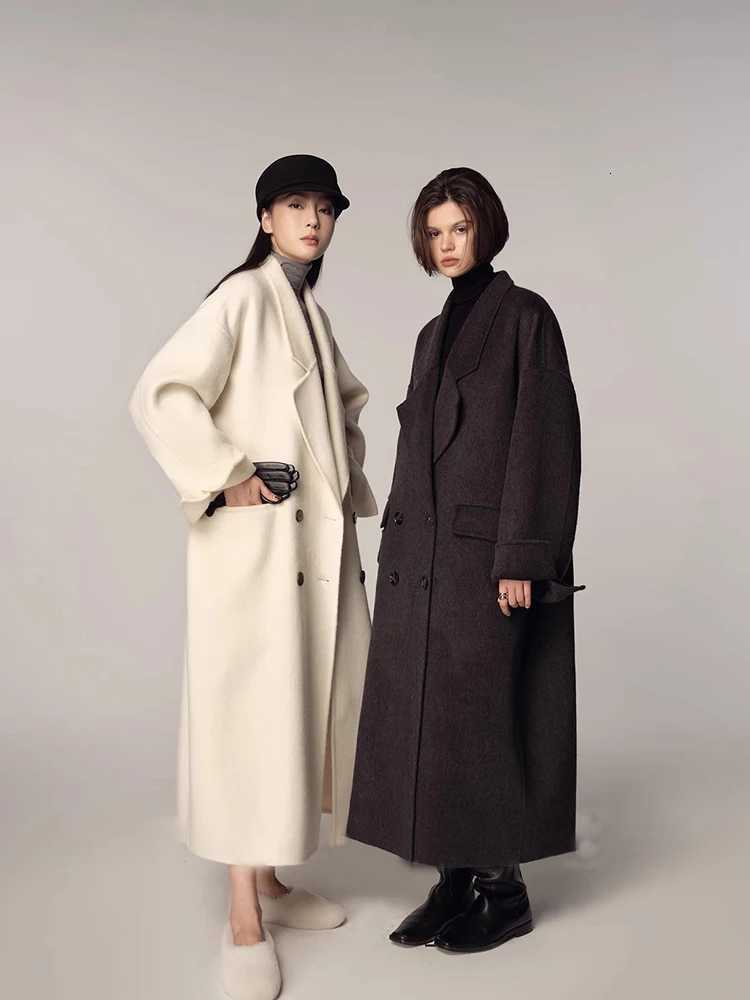 Double Breasted Office Lady Long Woolen Jackets 2024 Autumn And Winter Suit Collar Loose X-Long Rabbit Hair Women Wool Coats Z250813