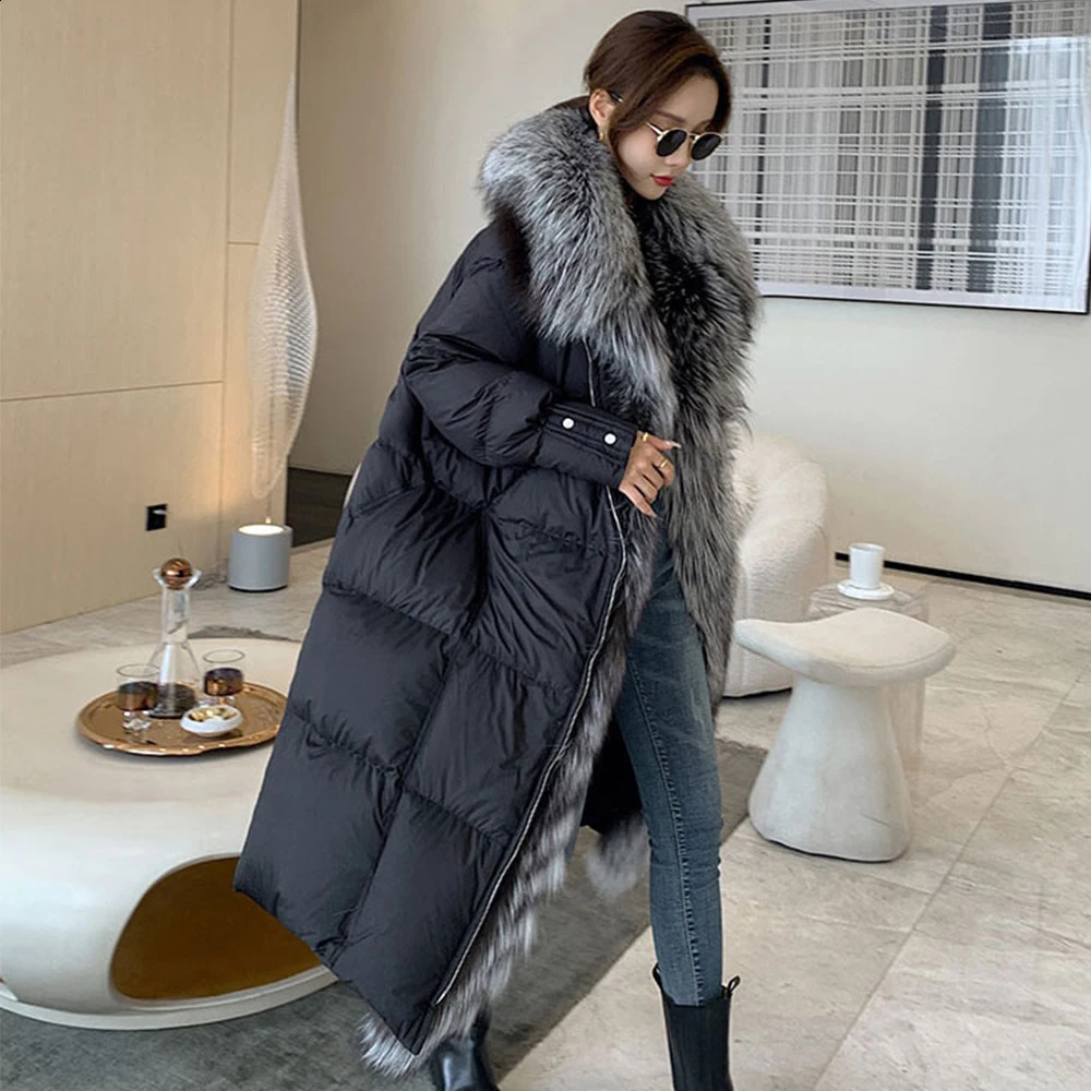 FURYOUME Long Goose Down Coat for Women Thicken Parka Warm Jacket Large Fox Fur Collar Female Overcoat Winter Fashion 250811