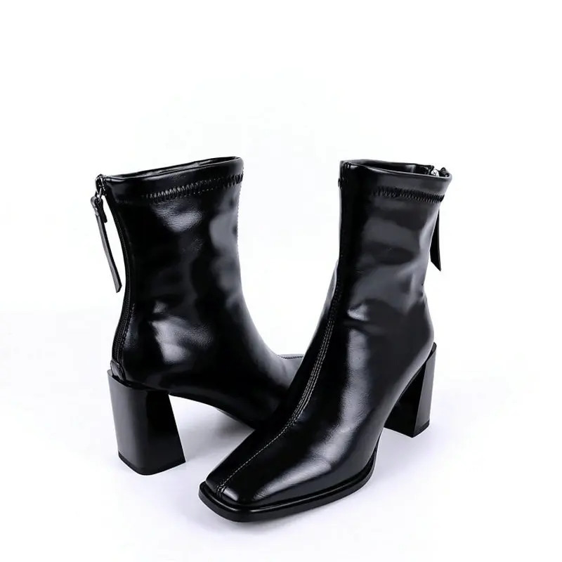 black boots patent PU leather glossy stretch booties red beige square toe block high heels winter boots women size 34-43 250812