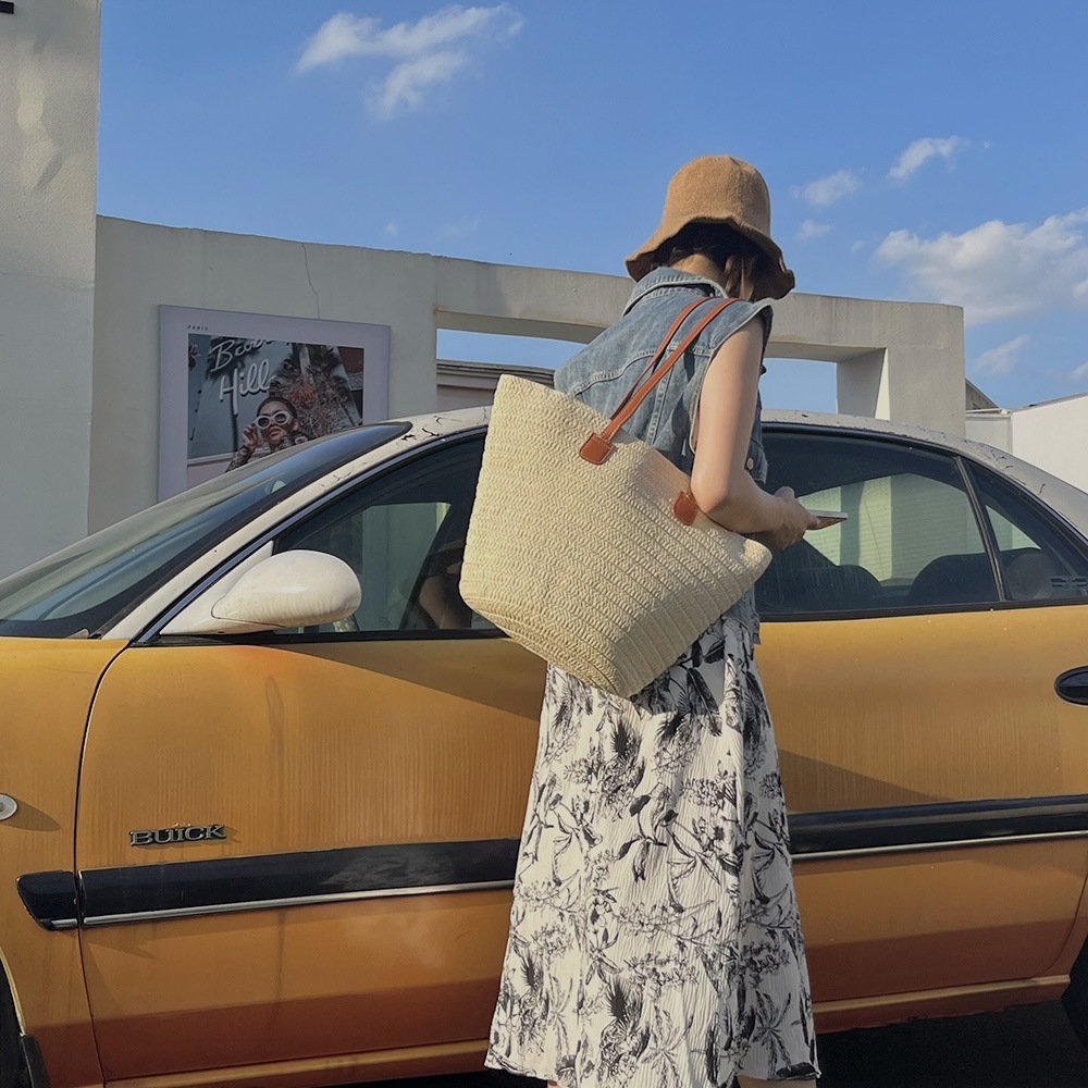 Straw for Women, Large Capacity Summer Vacation Beach Bucket Bag, Mori Girl Literary Tote Woven Bag ddmymarket