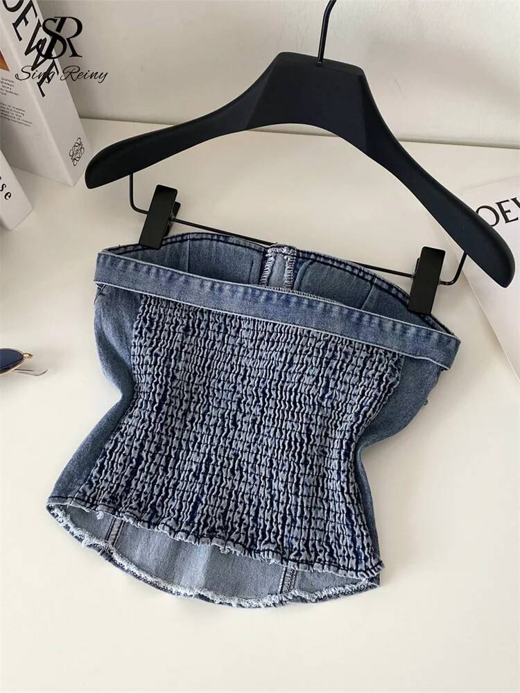 2025 vest SINGREENY American retro denim mini top bow strapless sleeves backless slim fit trend vest women's popular streetwear sexy vest designe