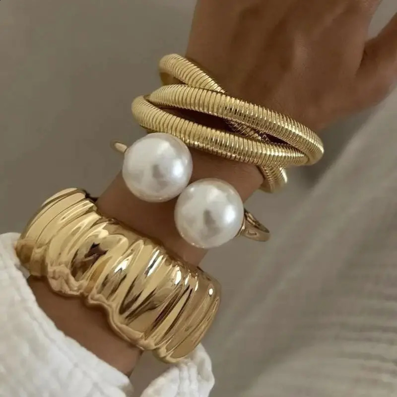 DIEZI 3 style Round Pearl Wide Cuff Bangles Bracelets Punk Multilayer Geometric Metal Spring Bangles Set For Women Men 250812