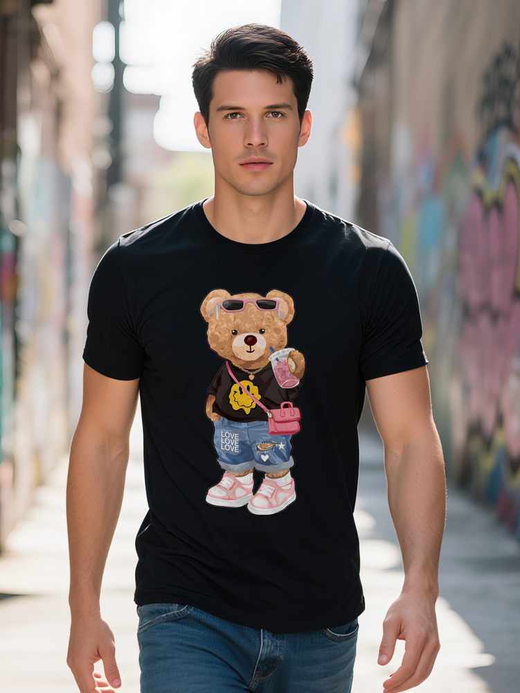 Men s Casual Graphic T Shirt with Pink Fashion Glasses Teddy Bear Print Black Summer Round Neck Tee Regular Fit Top
