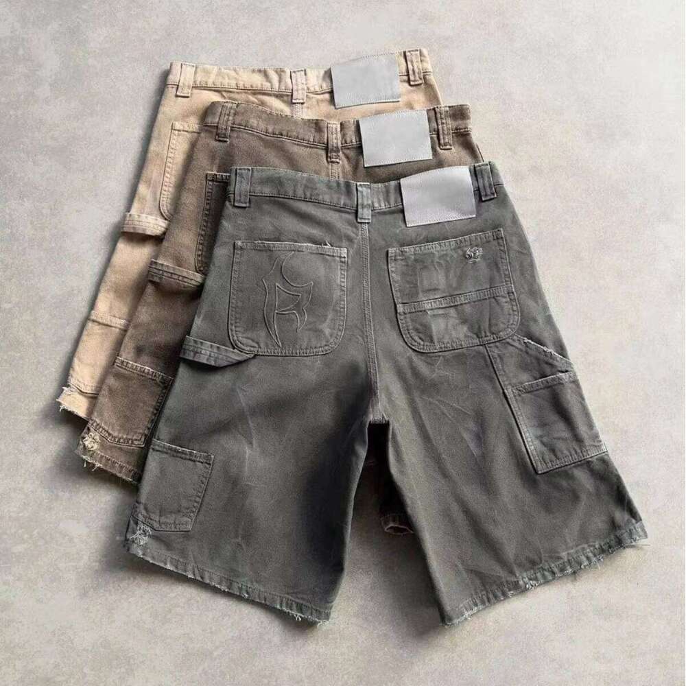 American European Men's Vintage Print Mid-Waist High-Waist Light-Colored Wash Embroidery Oversized Denim Shorts for Summer