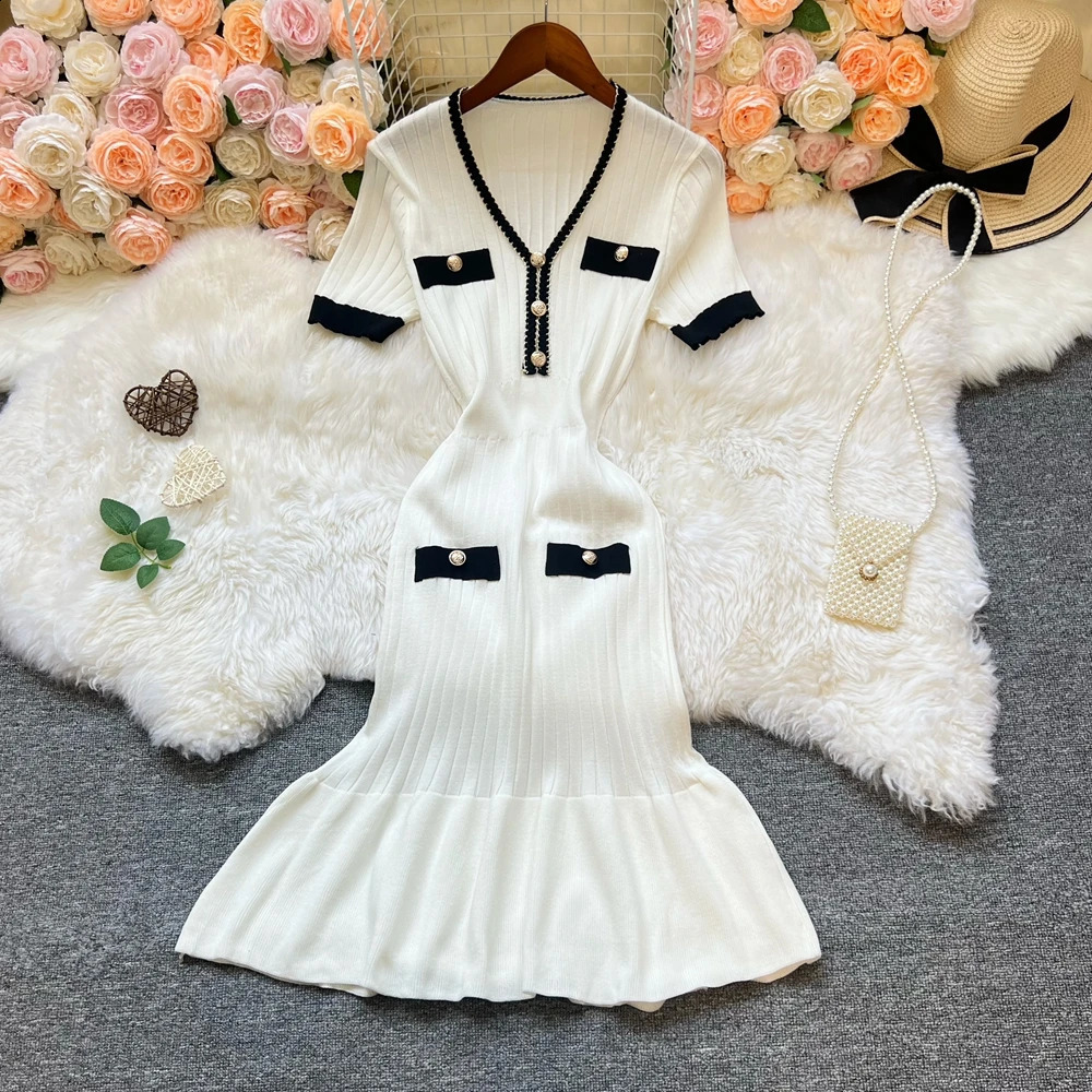 YuooMuoo Chic Fashion Sexy Package Hips Knitted Mini Dress Summer Elegant V-neck Ruffled Party Dress Streetwear Vestidos 250806