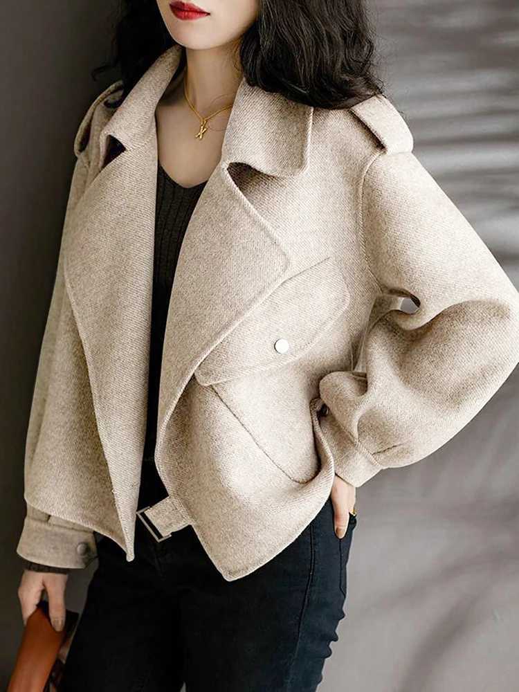 Popular Woman Bomber Jacket Coat Autumn Winter Warm Belt Design Woolen Jacket for Women Solid Khaki Elegant New In Outerwear Z250813