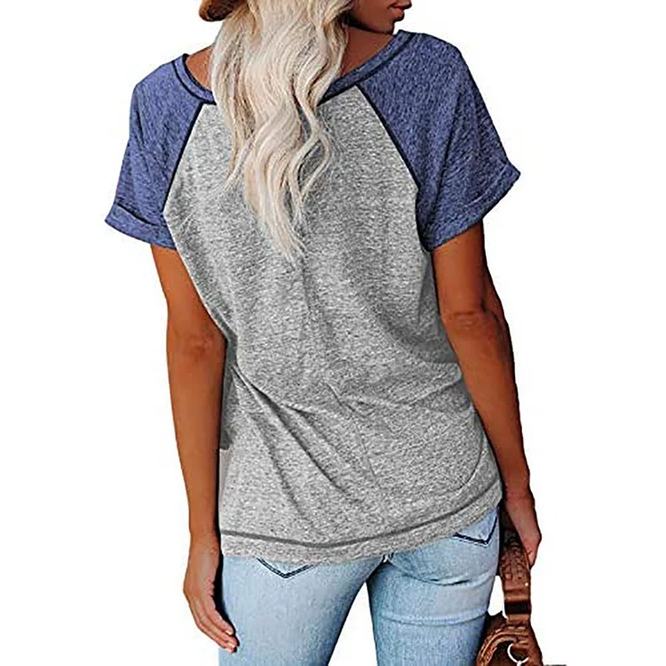 Casual Womens T-Shirt Stylish Patches & Loosely Fitted Sportswear Featuring a V-neck and Buttons