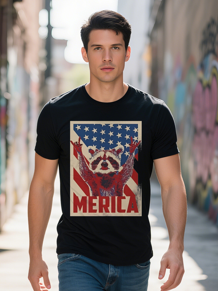 Men s Casual Crew Neck T Shirt with Patriotic Raccoon Graphic Print Black Red White American Flag Design 632ae