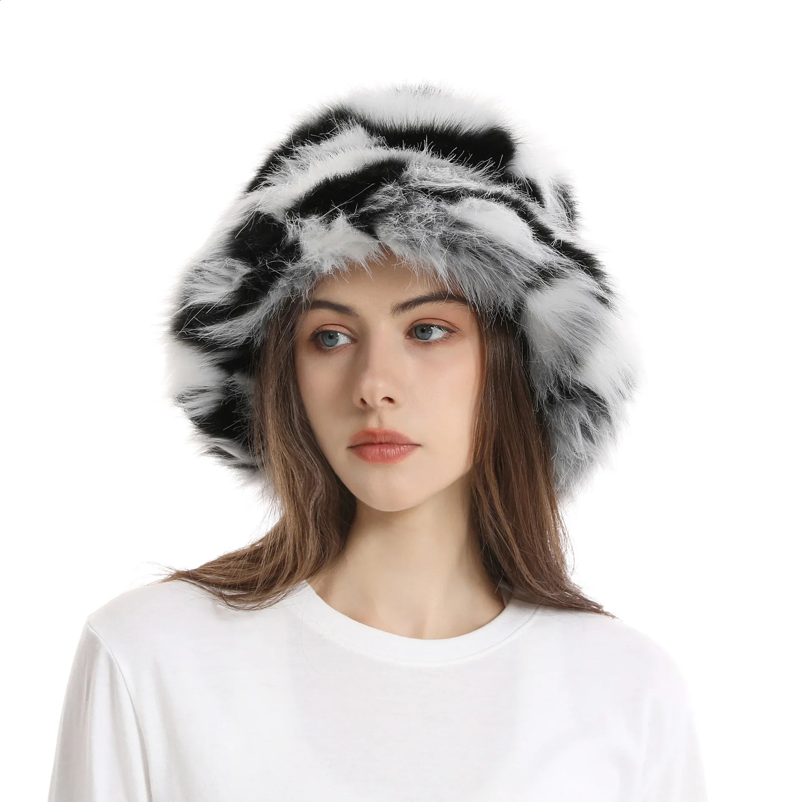 55-65cm Big Fluffy Faux Fur Bucket Hat For Women Men Winter Rainbow Color Warm Thick Plush Hat Party Panama Fisherman Cap 250808