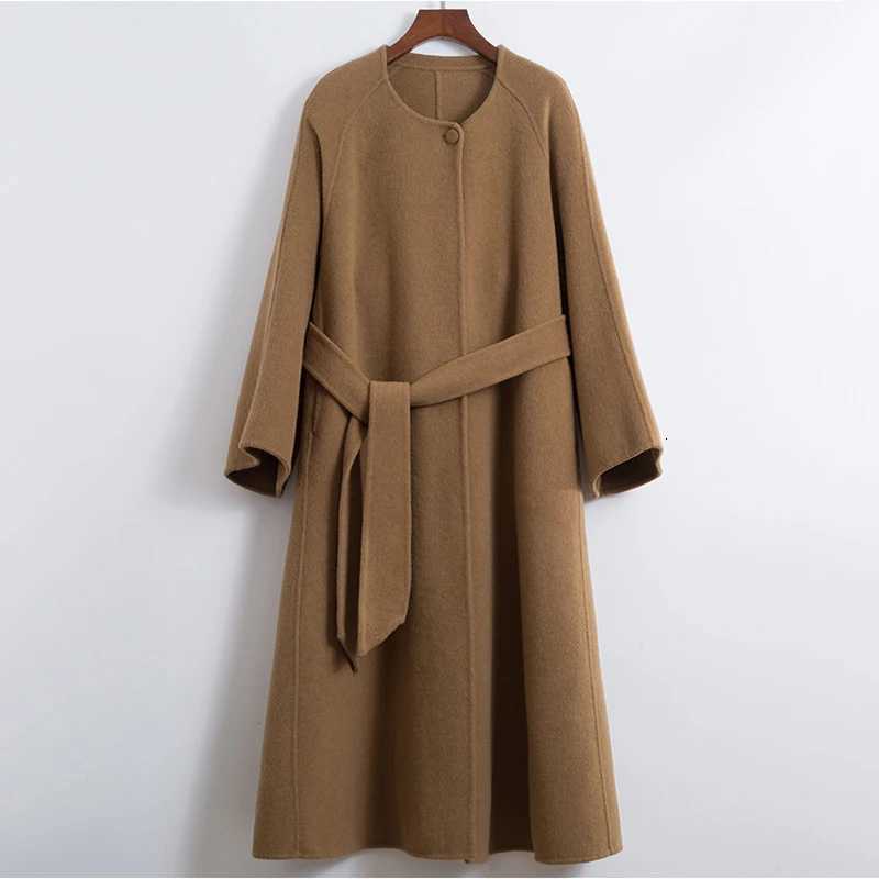 2024 Autumn Winter New Woolen Coats Round Neck Belt Overcoat Female Fashion Clothing Vintage Lace-Up Elegant Wool Jackets Z250813
