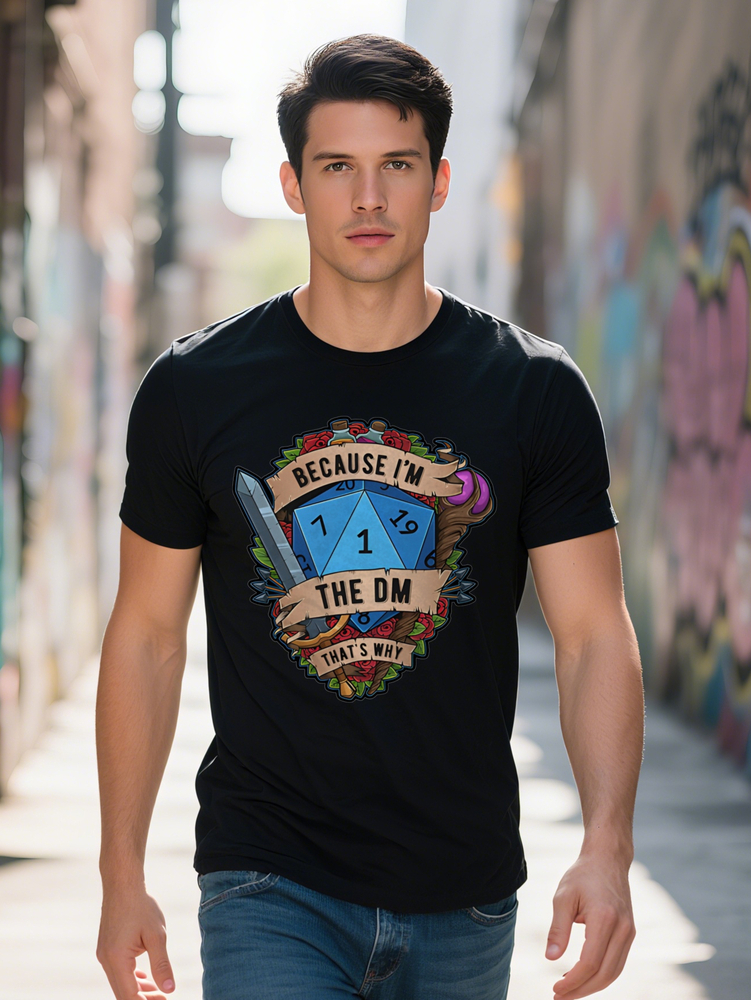 Men s Casual Graphic T Shirt Black with Blue D Red Roses Print Because I'm The DM Fantasy Gaming Tee Regular Fit